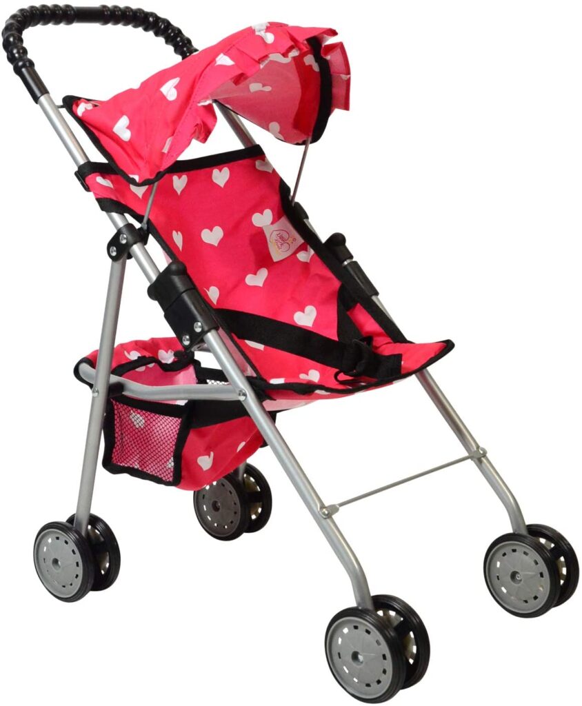 Pink doll stroller with heart pattern