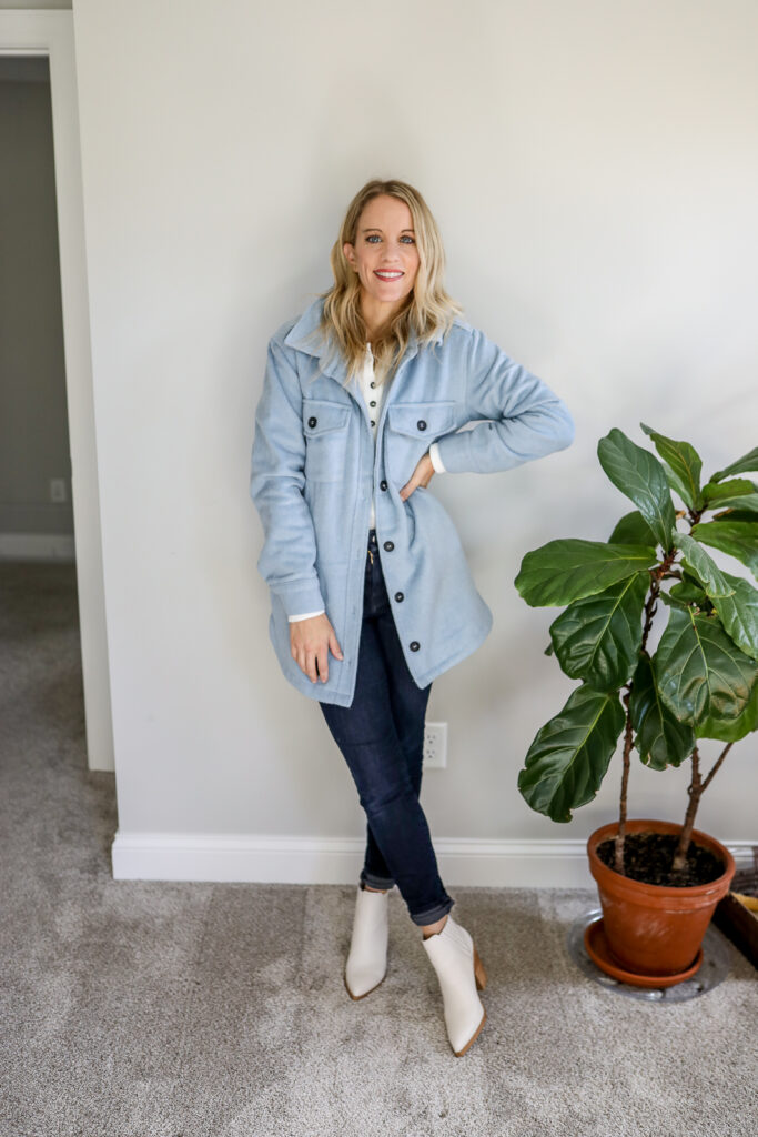 Blue Jeans + Henley + Blue Jacket + White Boots Outfit