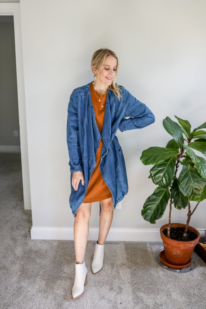 Girl Wearing T-shirt Dress + Long Denim Jacket