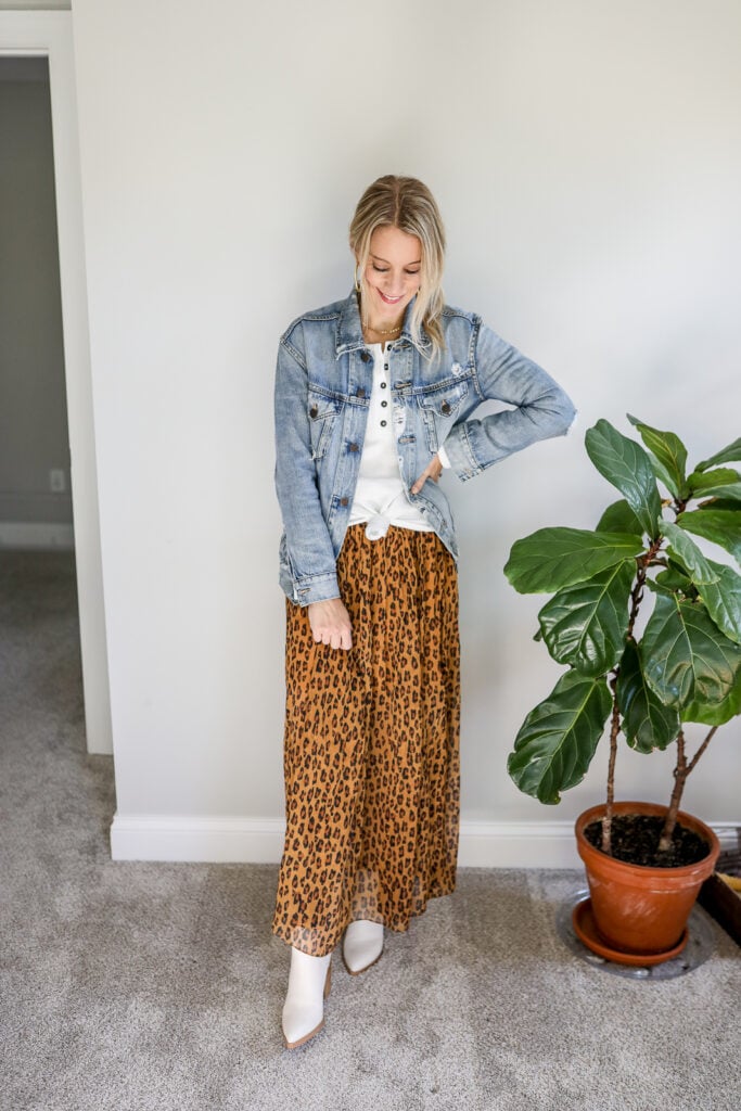 Girl Wearing Leopard Maxi Skirt + Henley Shirt + Denim Jacket