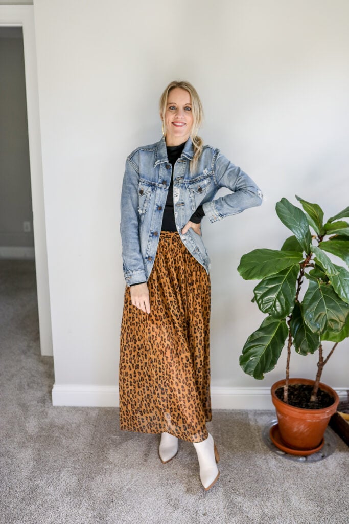 Girl Wearing Maxi Skirt + Black Bodysuit + Denim Jacket