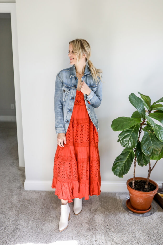 Girl Wearing Colorful Midi Dress + Denim jacket