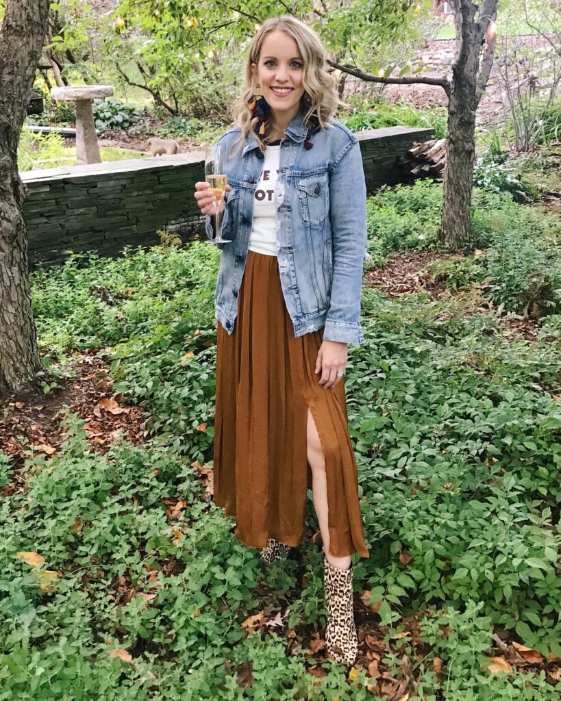 Midi Skirt (With Slits) + Graphic Tee + Denim Jacket