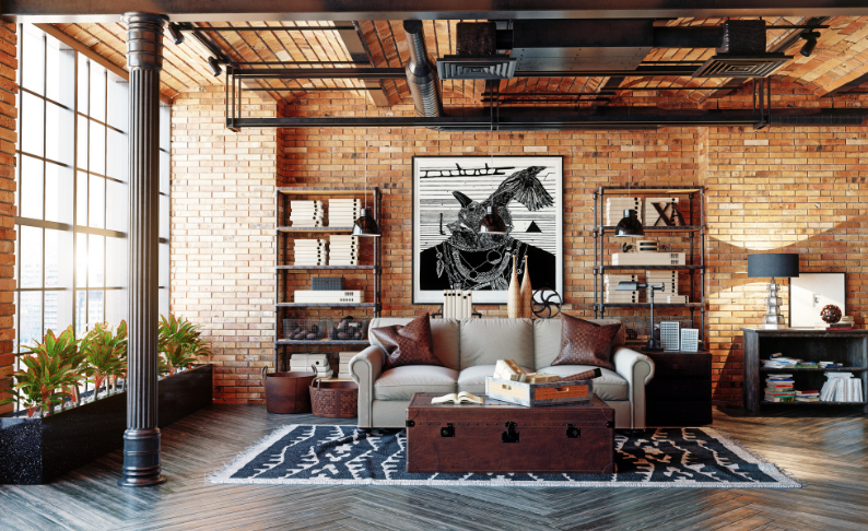 large brick living room with large rug