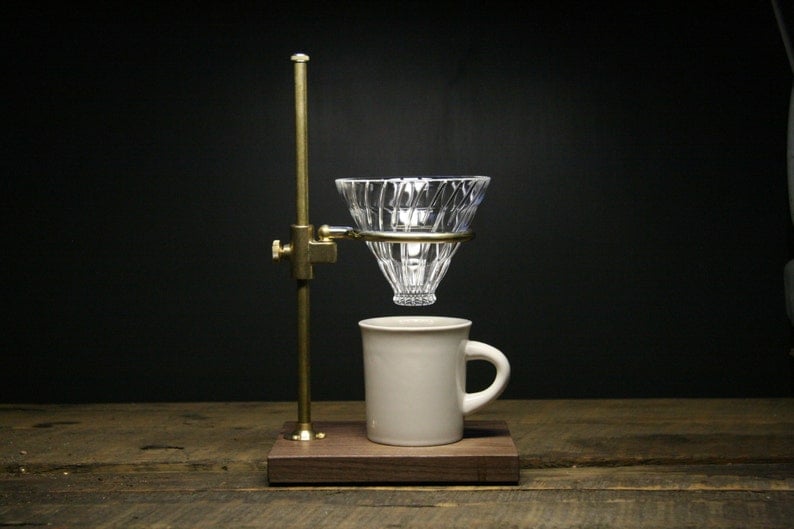 Pourover coffee stand - wood base, brass arm, glass funnel