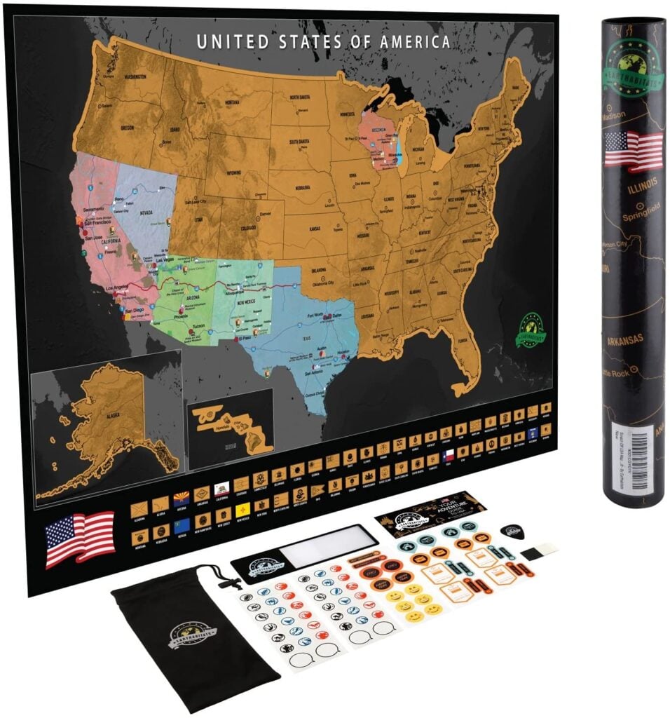 Poster Map of USA with some states in bright colors and the rest in gold scratch-off material