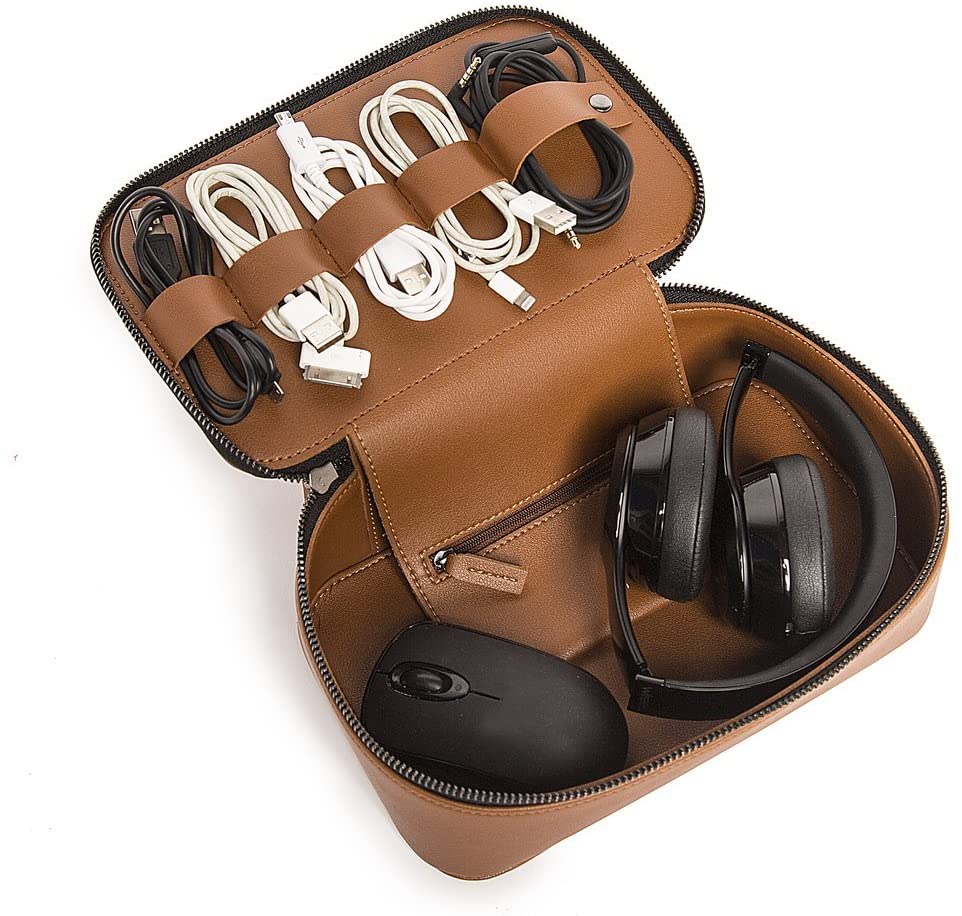 Leather zipper bag with cord holders and space for mouse and headphones