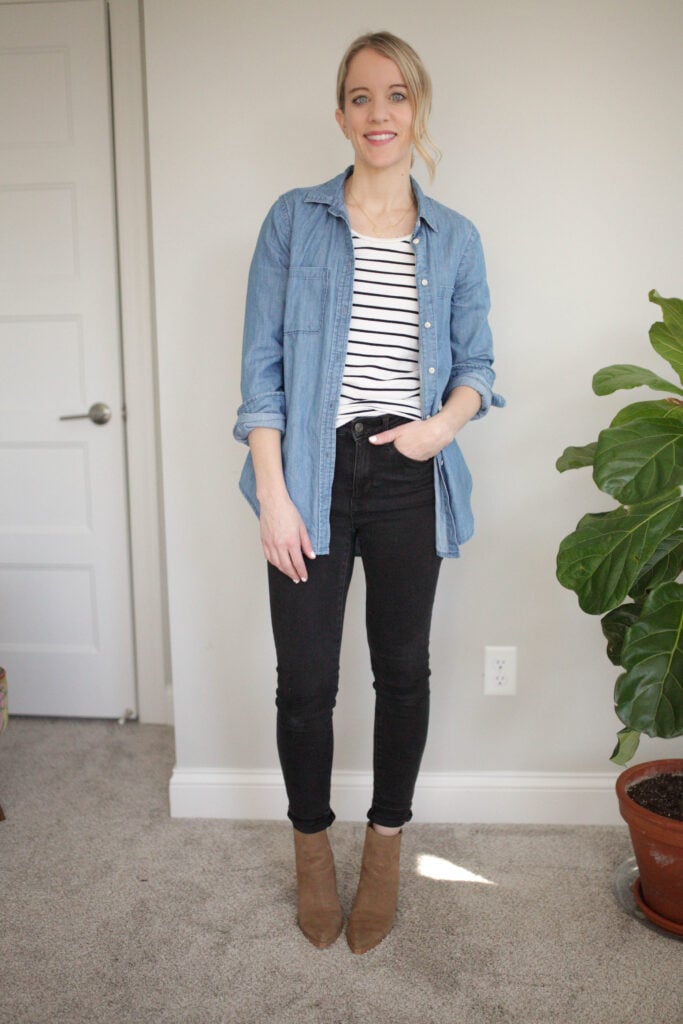 ankle booties and jeans and chambray and stripe top