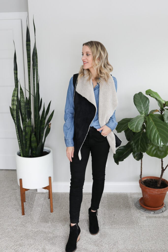 denim shirt with vest and skinny jeans