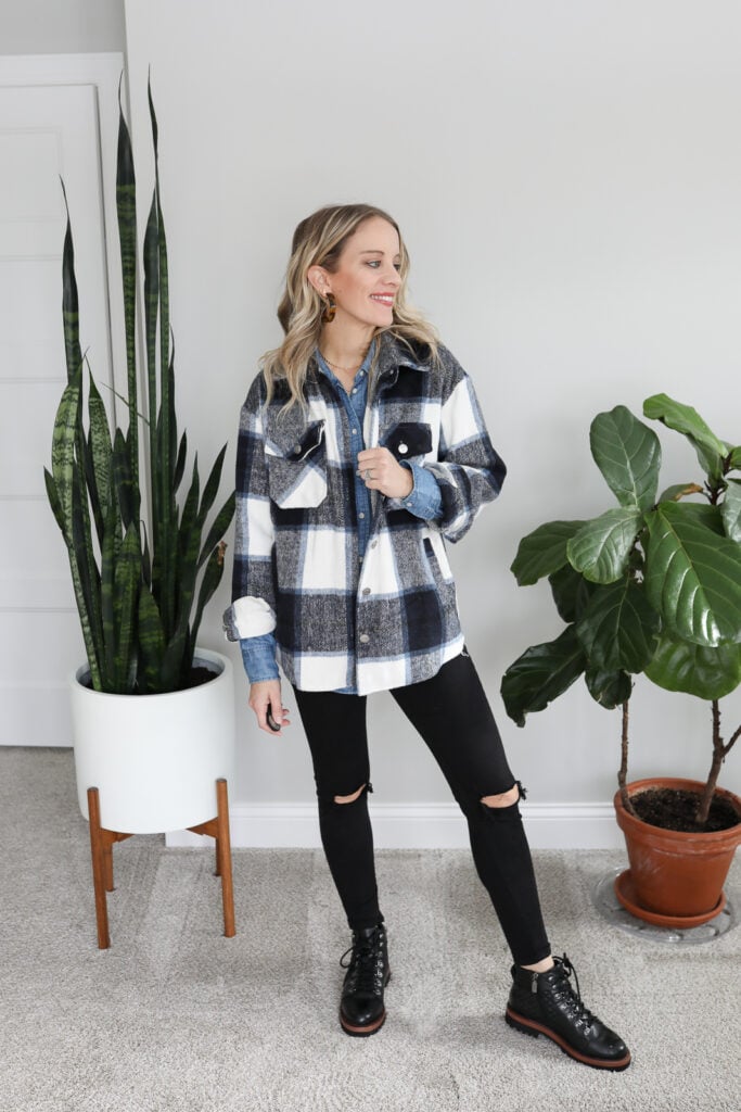 denim shirt with shacket layered over