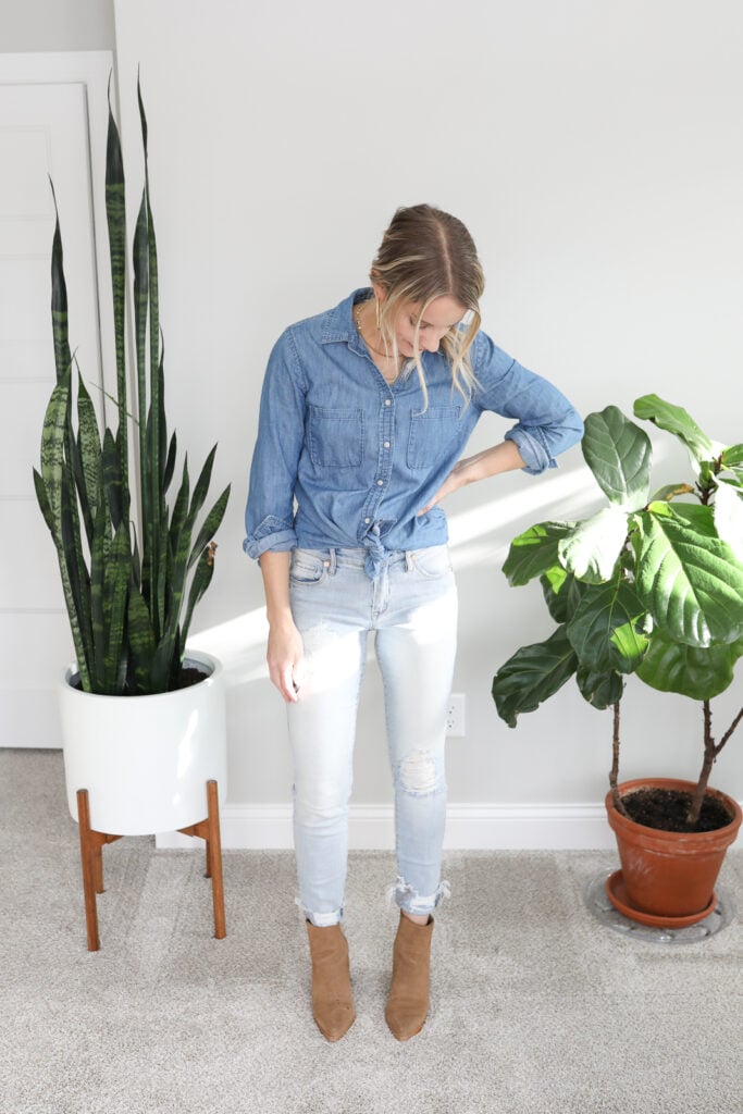 light wash denim paired with chambray shirt