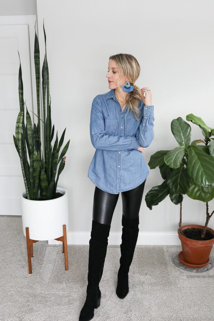 denim shirt with faux leather leggings and over the knee boots