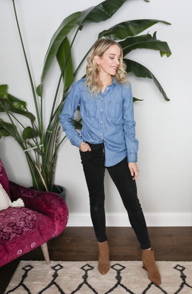 denim shirt with black skinny jeans and boots