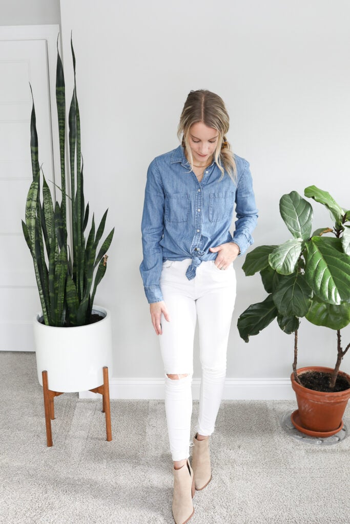 white jeans and denim shirt and booties
