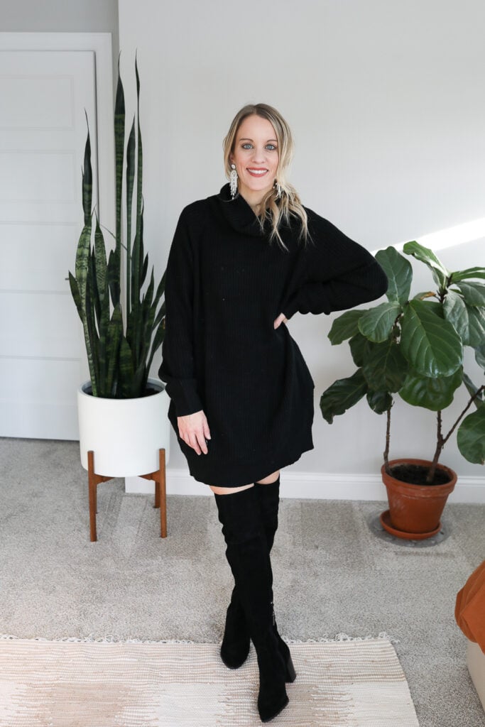 sweater dress outfit with black over the knee boots
