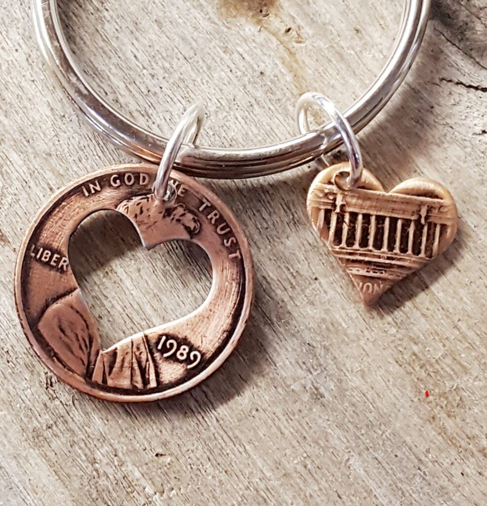 Keychain with penny and a heart stamped out of it