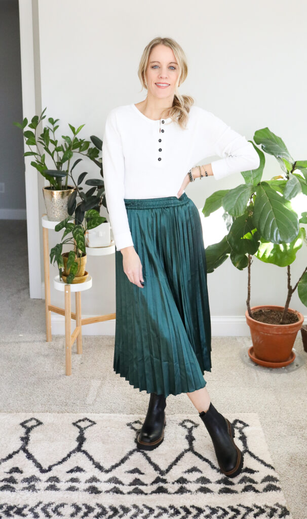 chelsea boots and midi skirt