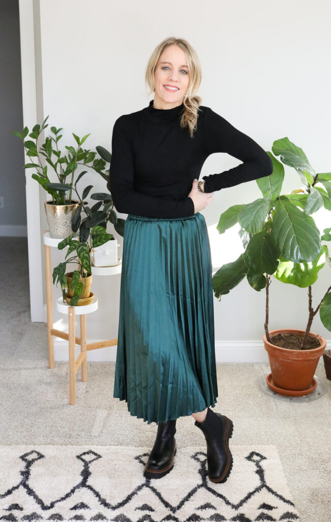 chelsea boots and midi skirt