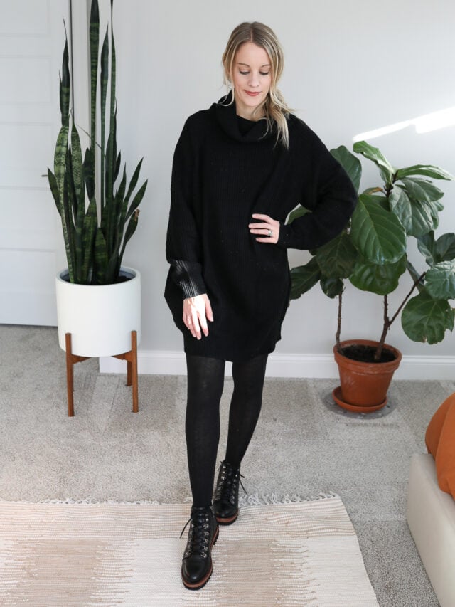 woman wearing sweater dress, tights and boots