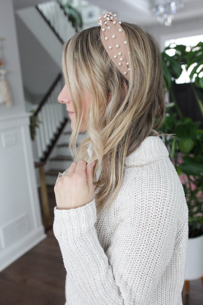 pearl headband on woman with fine hair