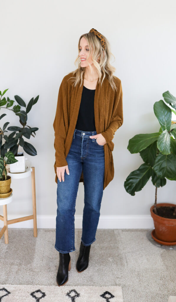 cropped jeans and cardigan