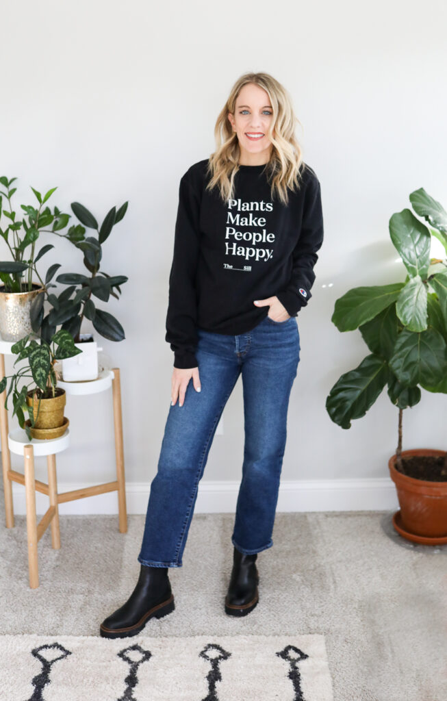 cropped jeans and sweatshirt