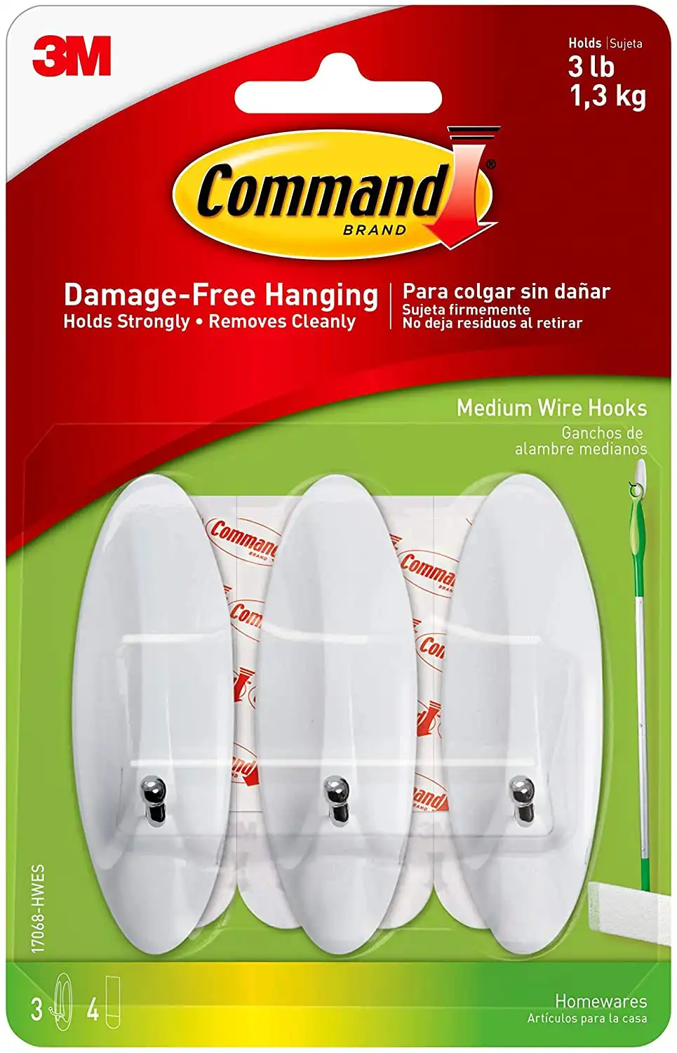 Command Medium Wire Hooks, White, Indoor Use, 3-Hooks, 4-Strips, Organize Damage-Free