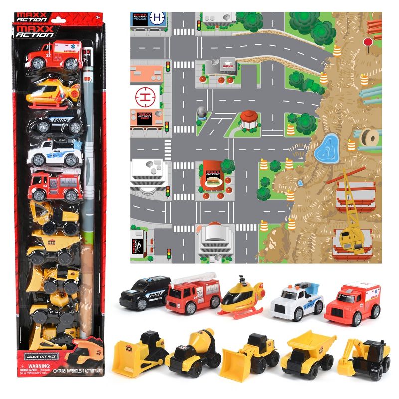 Set of 10 vehicles with city and construction site plastic play mat