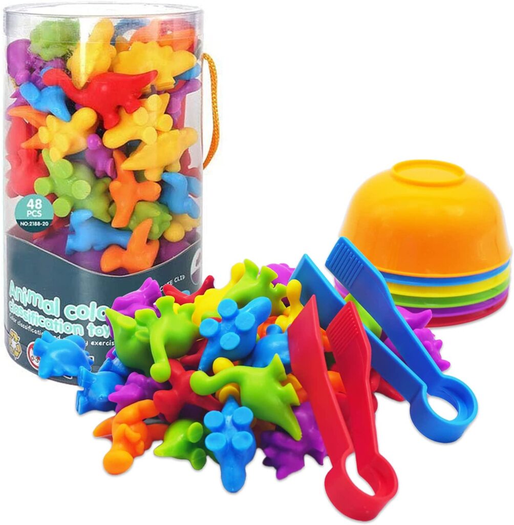 Colorful sorting dinosaurs, tweezers and bowls