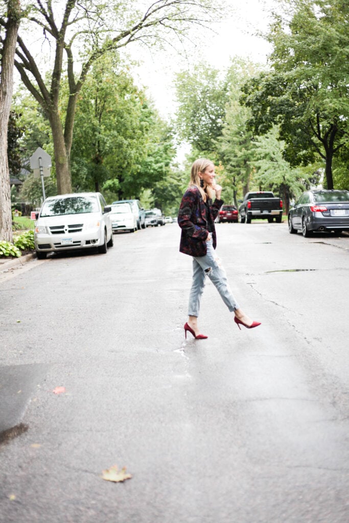 distressed denim and blazer