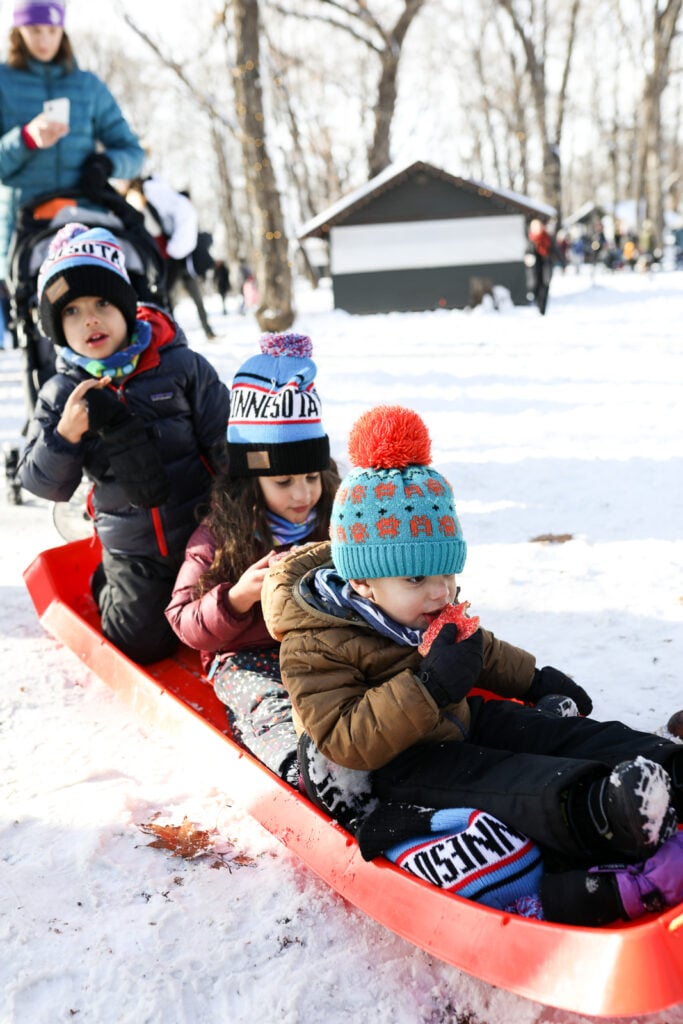 3 kids in sled wearing patagonia jackets