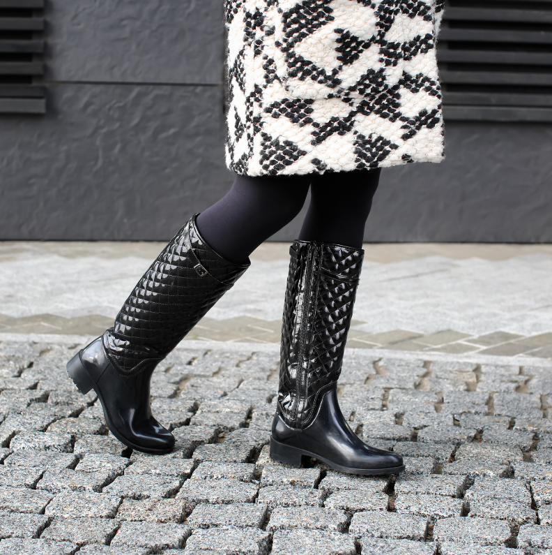 tall boots over leggings with long jacket