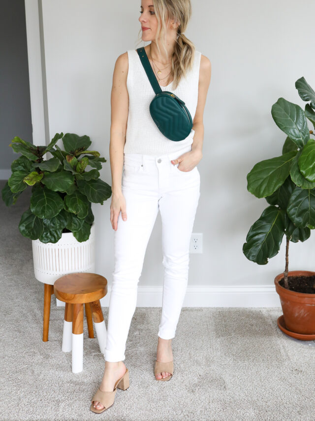 white jeans, white top and crossbody bag
