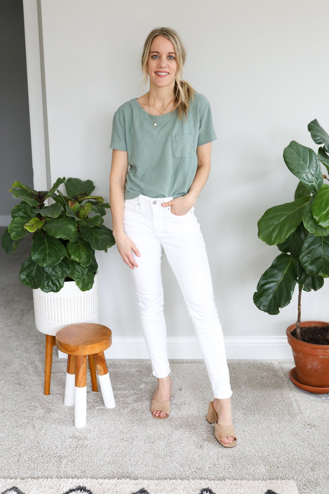 white jeans and solid top