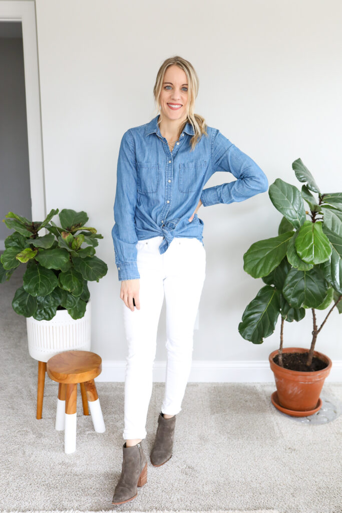 woman wearing White Jeans, Chambray Top and Boots