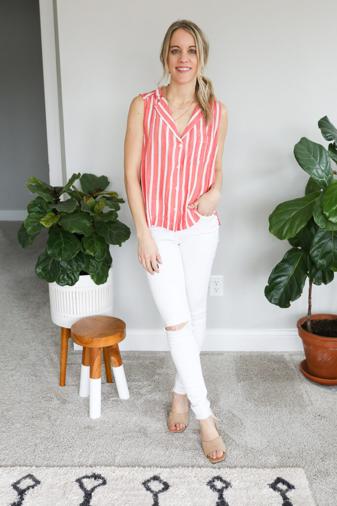 woman wearing Bright Button Down & Heels
