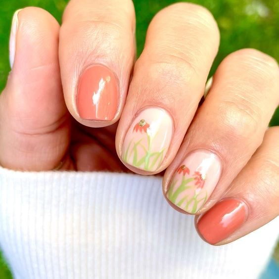 Orange Flower Nails