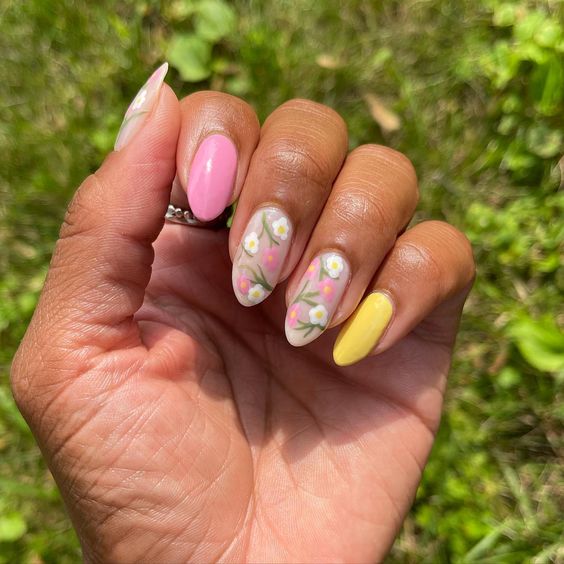 Pink, White and Yellow Flower Mani