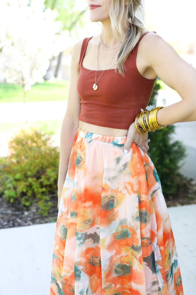 long maxi skirt and crop top bralette