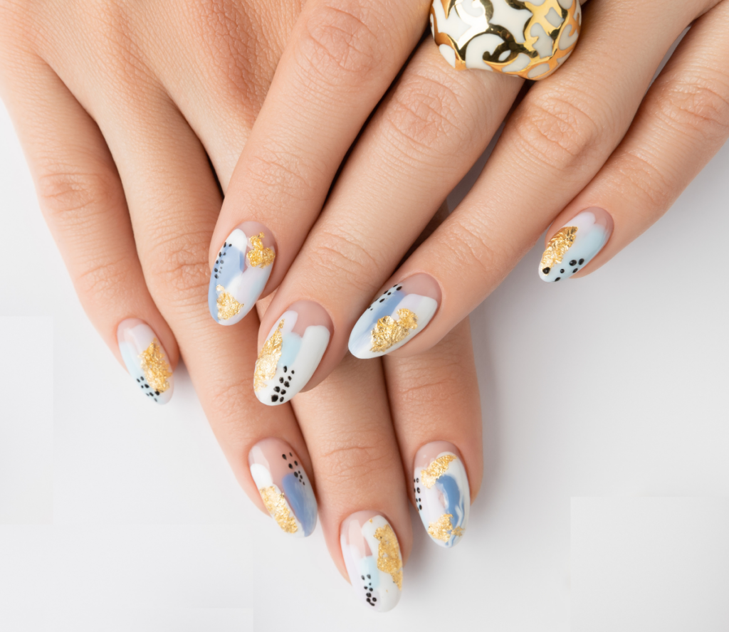 abstract nails with white, blue and gold