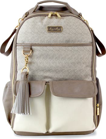 Itzy Ritzy Boss Faux Leather Diaper Bag white and brown with herringbone pattern