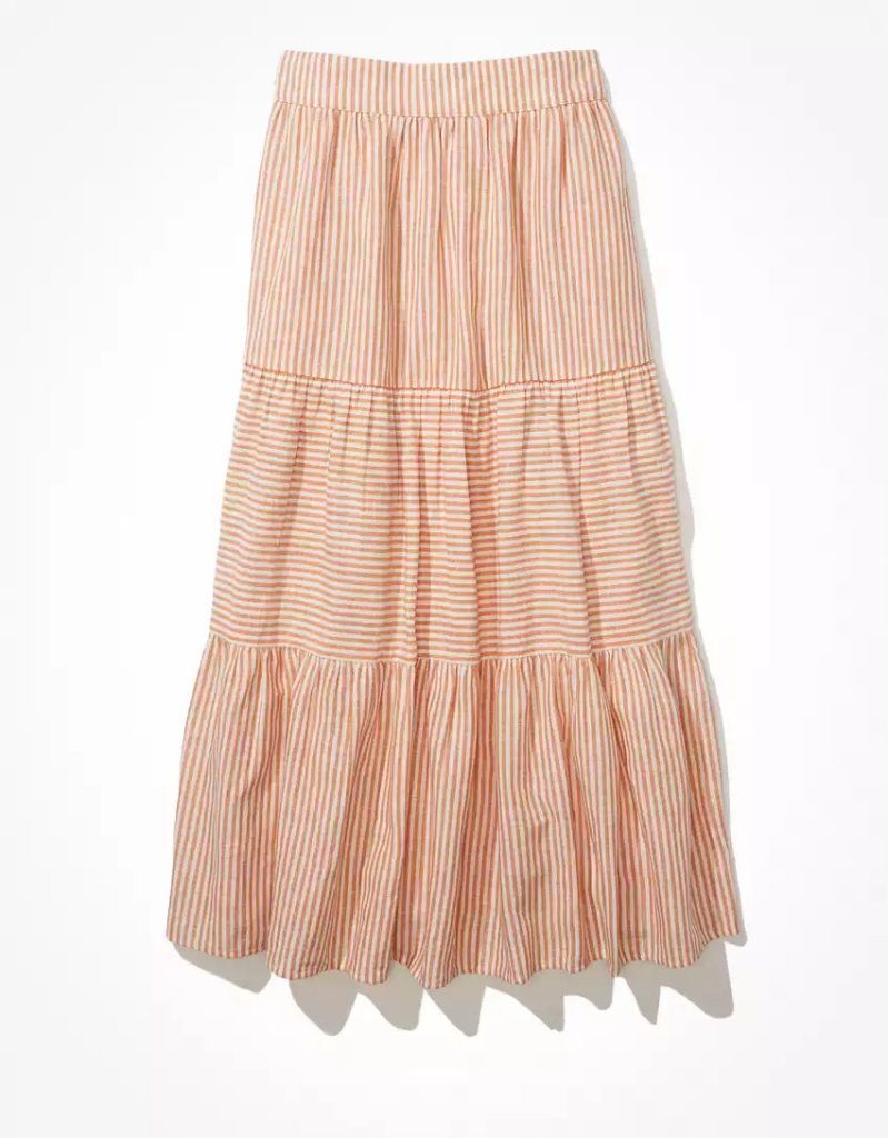pink and white stripe tiered skirt