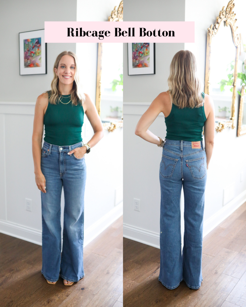 Woman in levi ribcage bell bottom jeans.