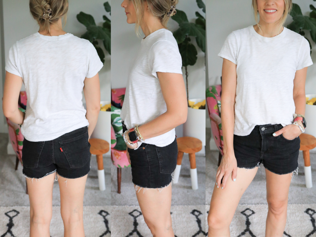 back, front and side view of a woman wearing shorts