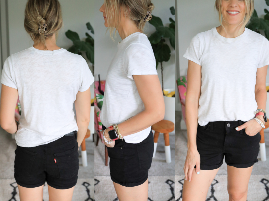 back, front and side view of a woman wearing shorts