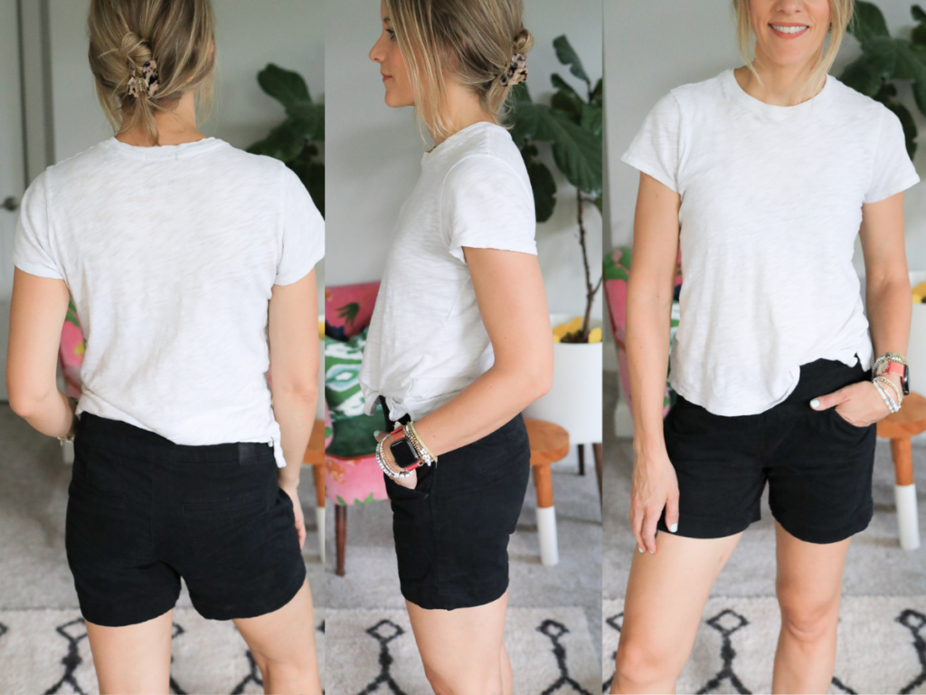 back, front and side view of a woman wearing shorts