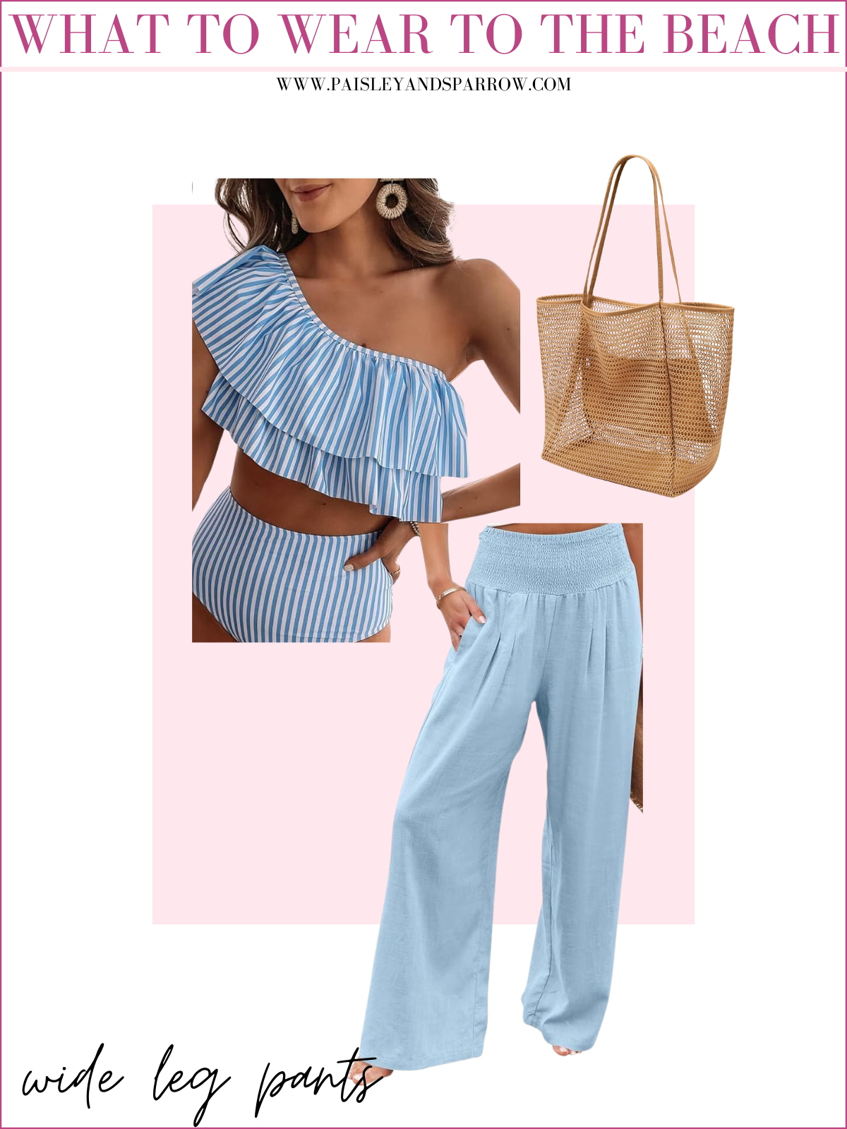 what to wear to the beach wide leg pants and bikini collage