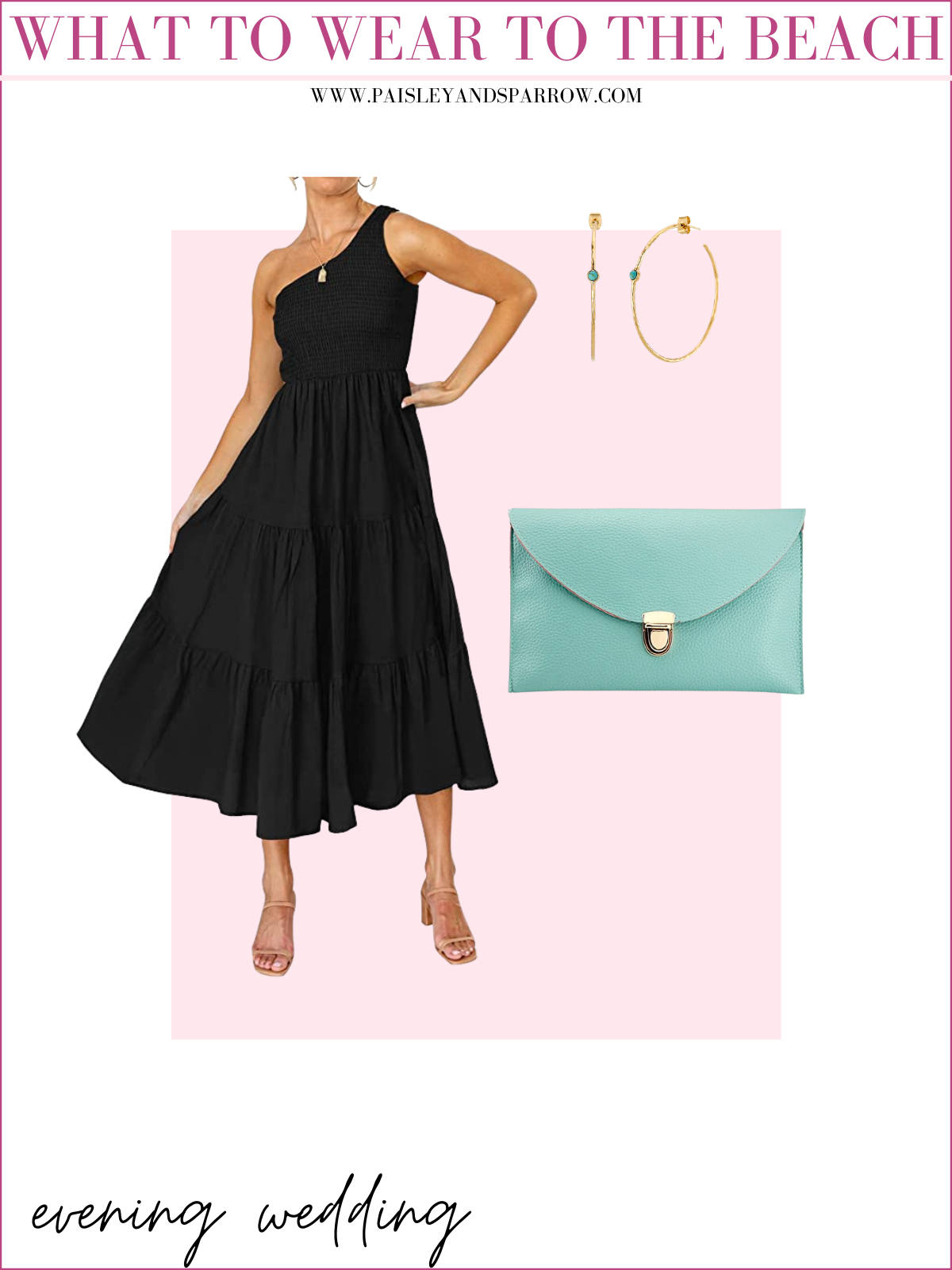 what to wear to the beach evening wedding - black one shoulder dress, turquoise and gold earrings and turquoise bag