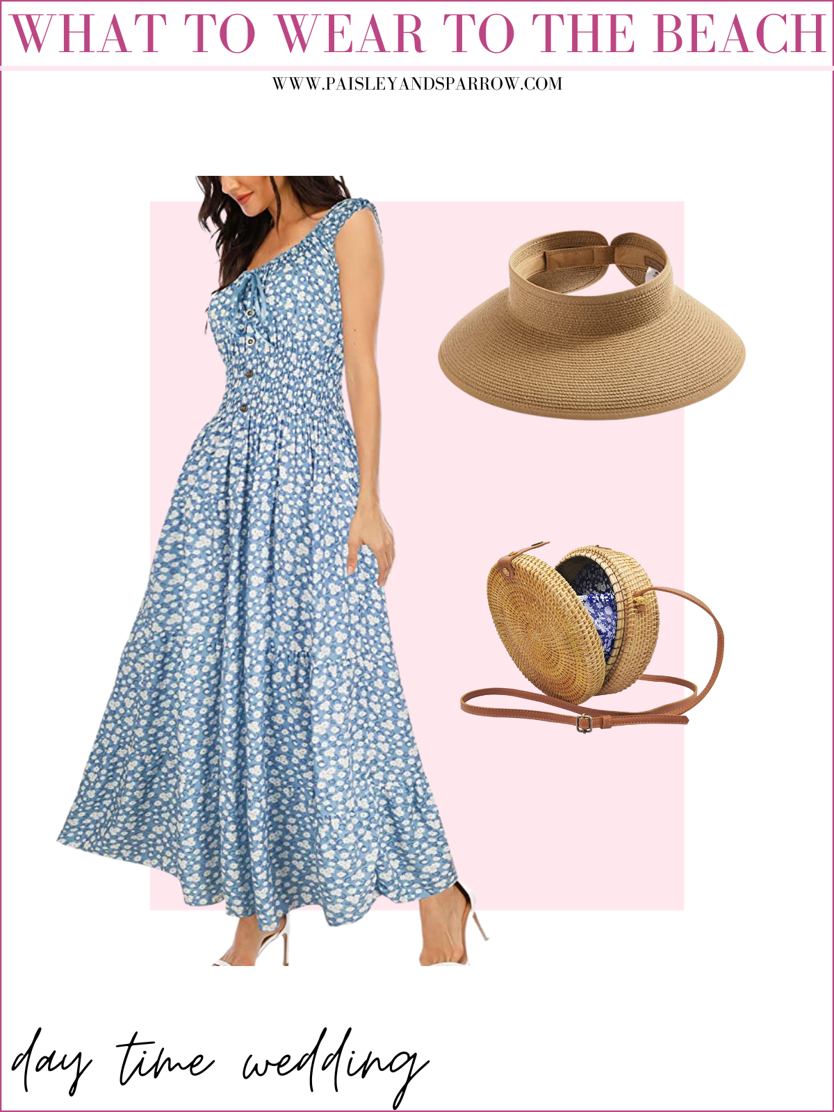 what to wear to the beach daytime wedding - blue maxi dress, visor and rattan bag