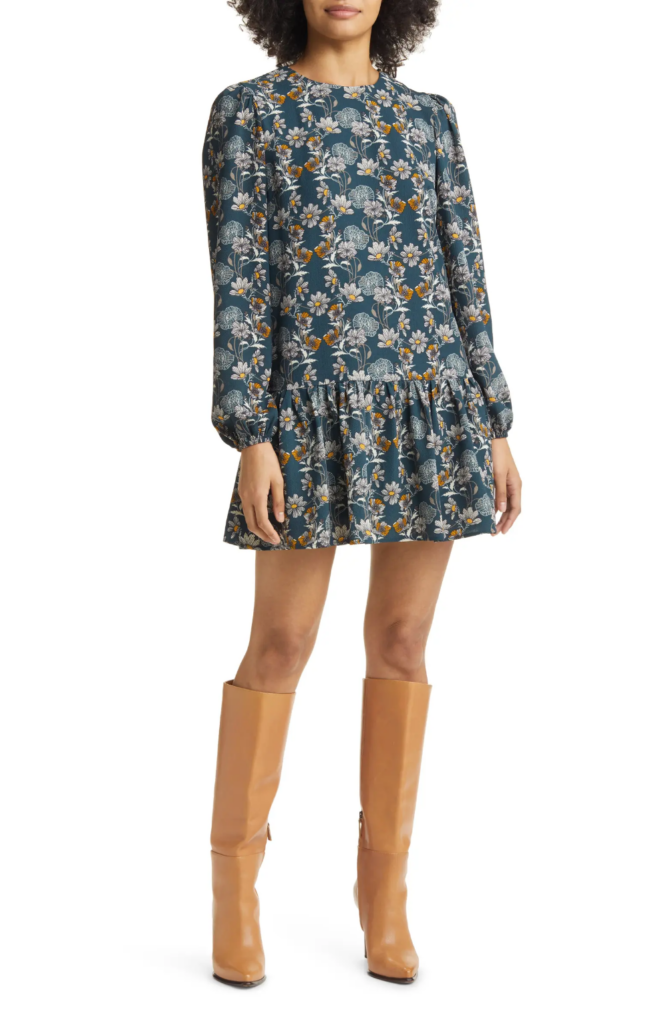 Caslon® Floral Print Long Sleeve Drop Waist Minidress _ Nordstrom